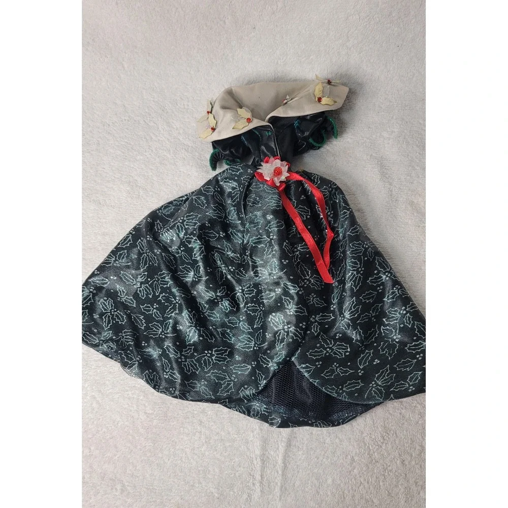 Holiday Doll Dress Green Silver Holly Leaf Pattern Red Ribbon Accent Festive